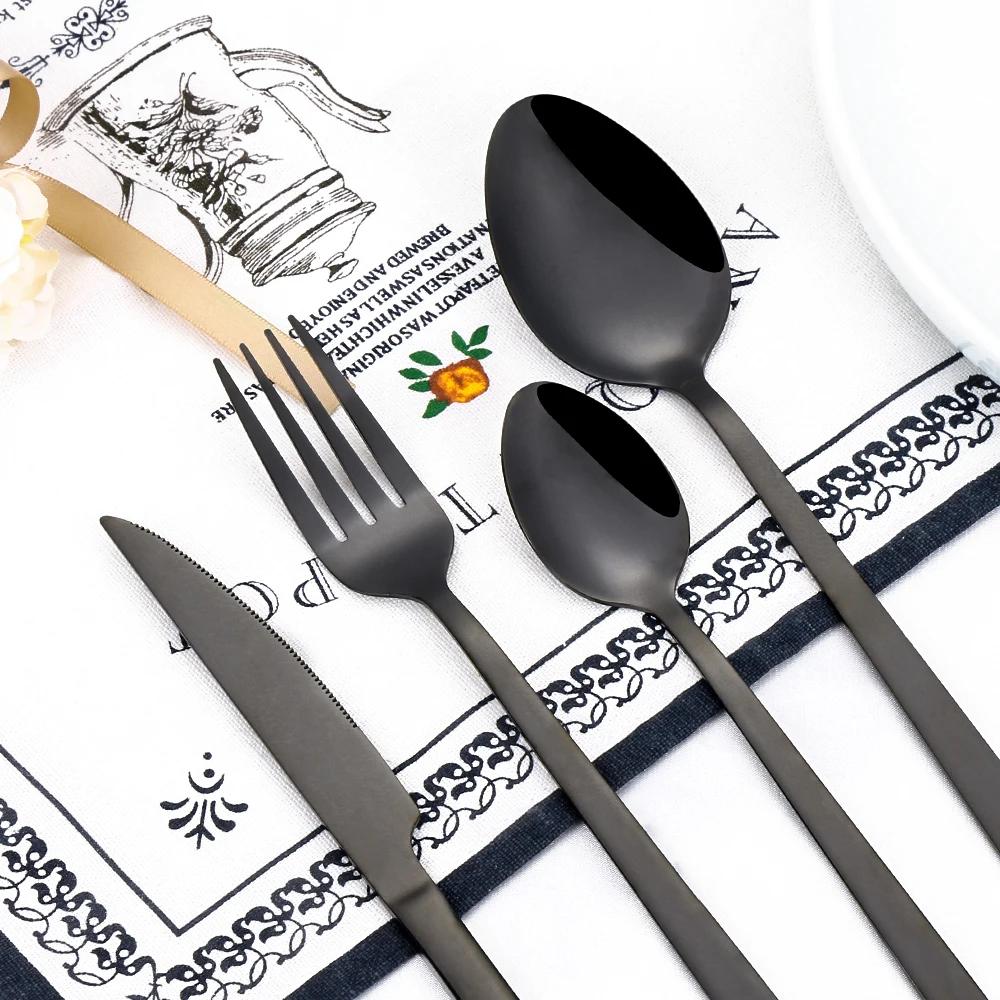 Black Cutlery Stainless Steel Western Tableware Mirror Knife Fork Spoon Dinnerware Kitchen Utensils 1/2/3/4/5 Set Flatware Plate