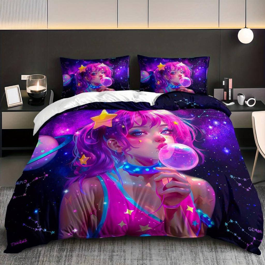 3pcs Anime Girl for galaxy Bedding Duvet Cover Set Zodiac Constellation Bedding Quilt Set Cute Girl Themed Bed Quilt Set Space
