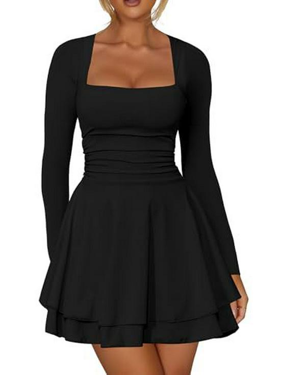European & American Women's Square Neck Long Sleeve Slim Fit Short Dress - Beach Vacation Style