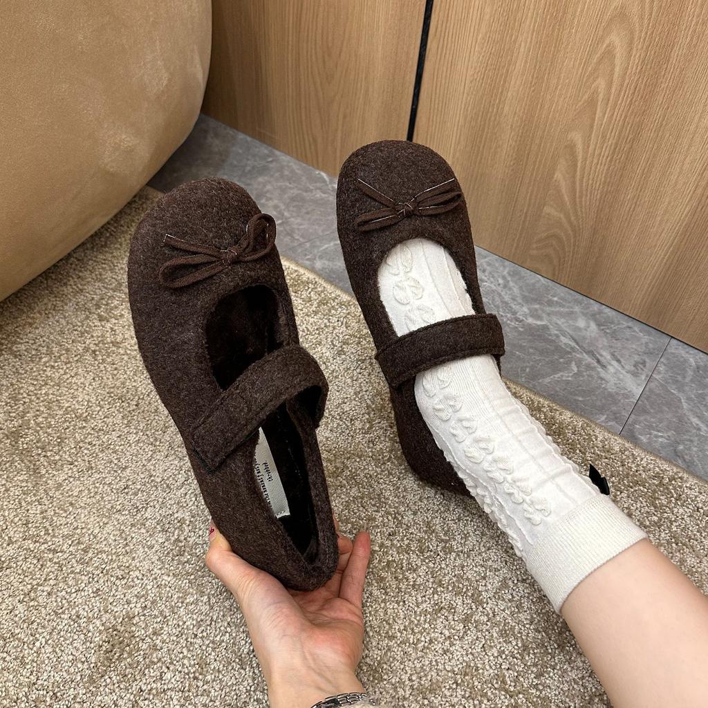 Bow gray fluffy shoes women wear in winter new woolen velvet single shoes flat bottom warm Mary Jane Doudou shoes