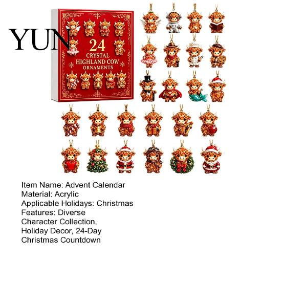 Collectible Highland Cow Figures Advent Calendar, 24 Pcs Acrylic Hanging Ornaments for Christmas Tree Accessories Decoration, Festive Countdown