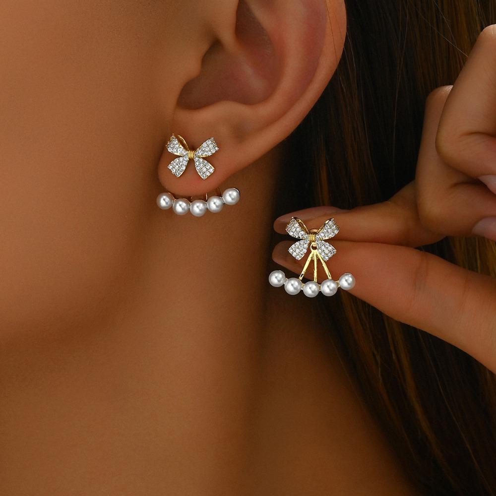 Copper Bowknot Zircon Earrings Metal Crystal Pearl Earrings Sweet Y2K Stud Earrings  Wedding