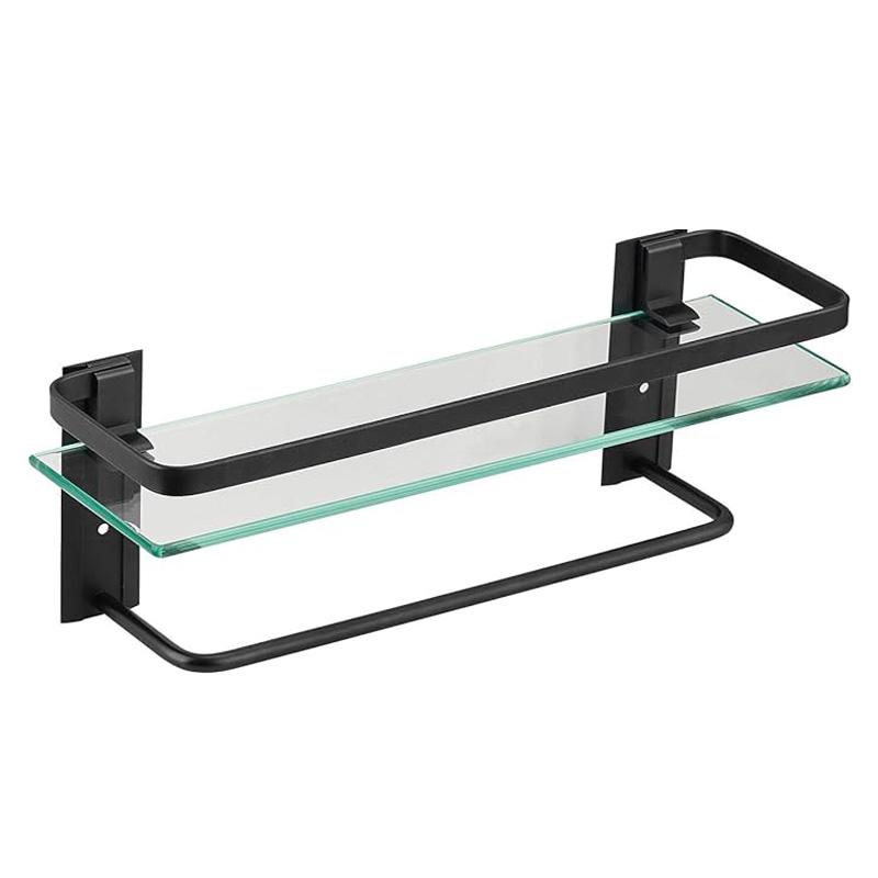 Modern Durable Triangle Corner Wall Mounted Aluminum Tempered Glass Single Tier Shower Shelf Towel Bar Space Saving Bathroom