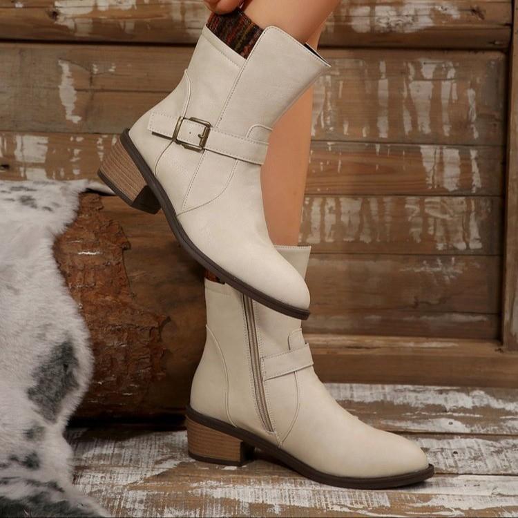 Side Zipper European and American Autumn and Winter Motorcycle Boots Short Boots Heel Martin Boots Women's Boots Belt Buckle Low Black