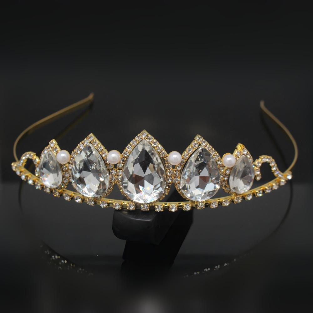 

New Style Green Water Drop Pearl Rhinestone Gold Hair Crown