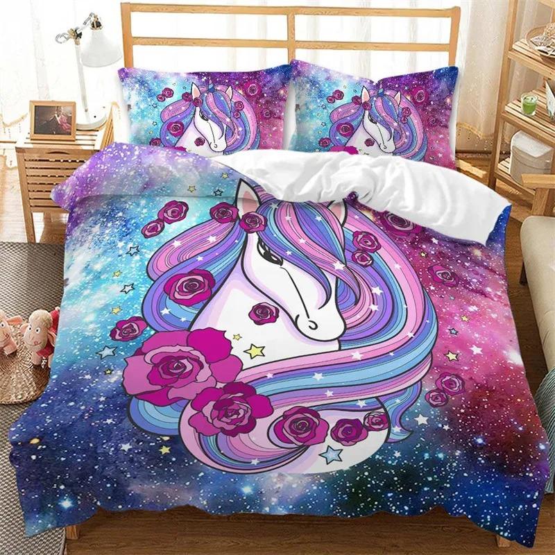 Colorful Luminous Unicorn Print Bedding Set 3D Cartoon Animal Pattern Duvet Cover Bedroom Decor With Pillowcases For Girls Gift