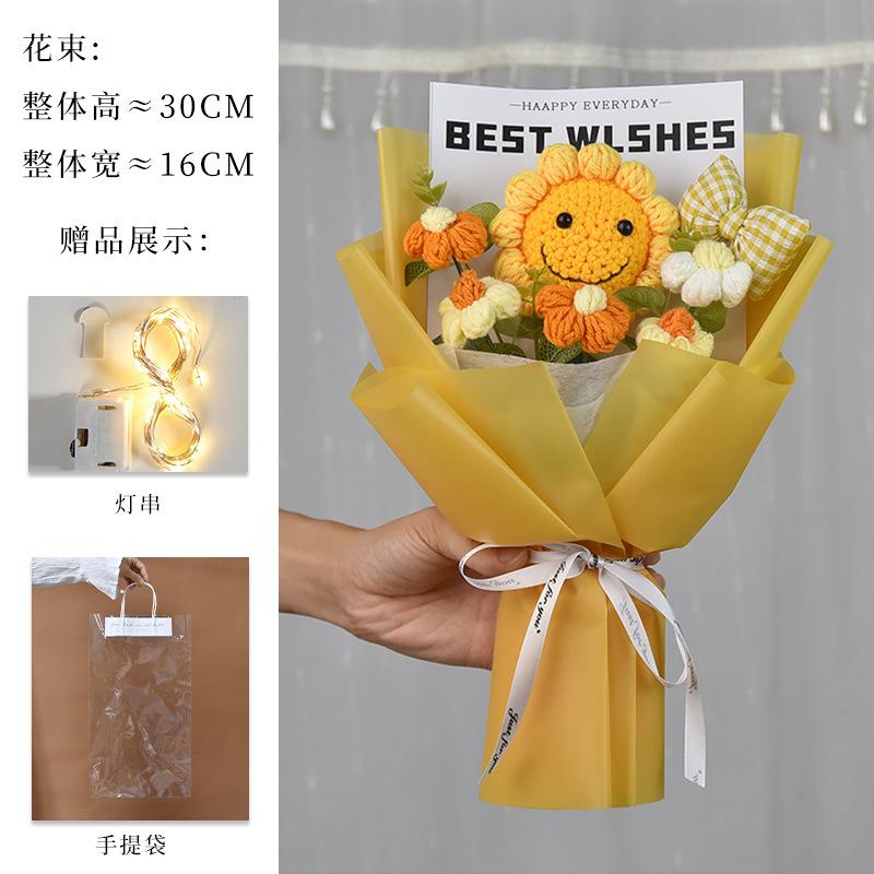 Hand-Knitted Sunflower & Rose Bouquet - with LED Lights & Gift Bag Thanksgiving Gift