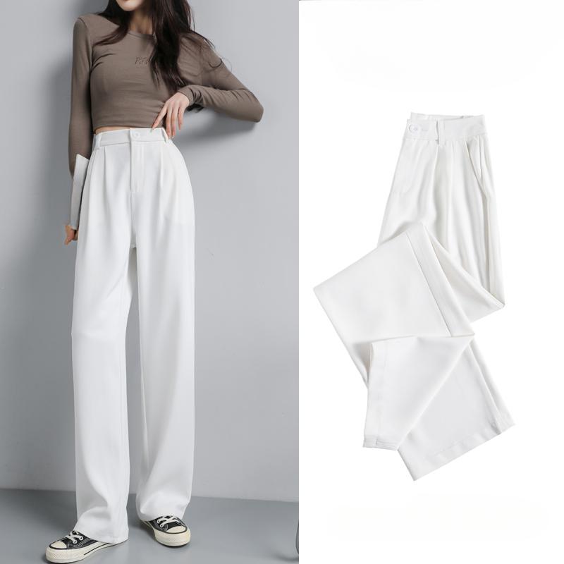 Fashion New Solid Straight Casual Wide Leg Pants Women Elegant Slim Fit High Waist Suit Pants Women Pockets Simple Office Ladies Trousers 25896
