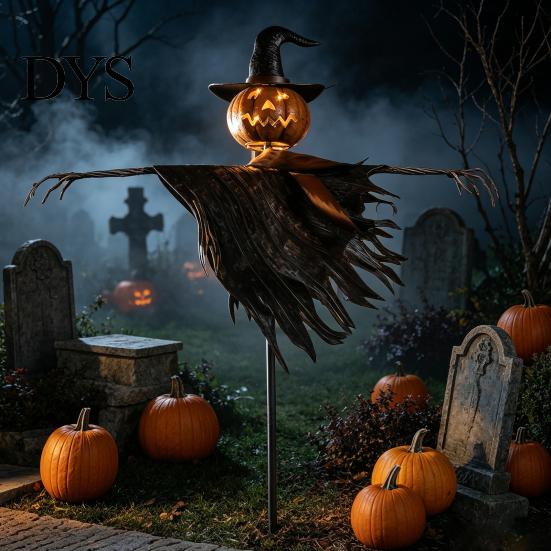 Automatic Nighttime Lighting Decor Halloween Solar Scarecrow Lantern, Scary Pumpkin Head Metal Garden Stake with Decorative Landscape Stakes