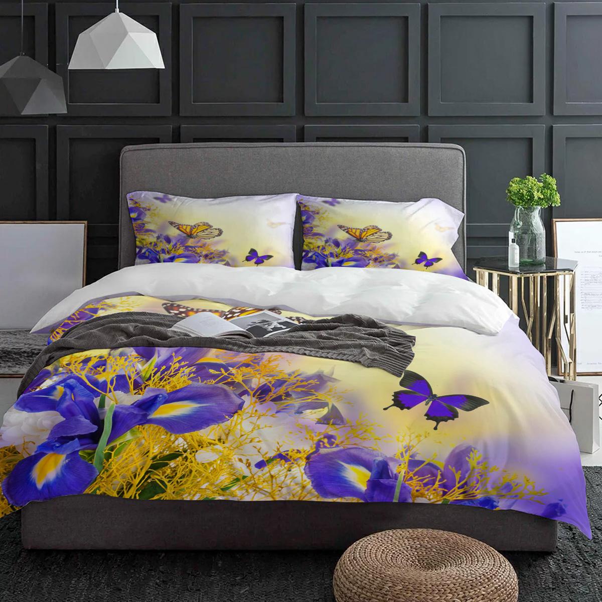 

Набор постельного белья с ирисами и бабочками, фиолетовый, 3 предмета, пододеяльник, наволочка, детское, взрослое, покрывало, двуспальный набор, домашний текстиль EU single(135x200cm)