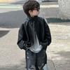 Boys Soft PU Bomber Jacket – Vintage Leather‑Look Spring Autumn Outerwear, Zipper Short Coat for Kids, Stylish Streetwear