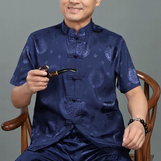 Men Shirt Blessing Pattern Knot Buckle Short Sleeve Solid Color Stand Collar Tang Suit Shirt Kung Fu Clothes for Chinese New Year