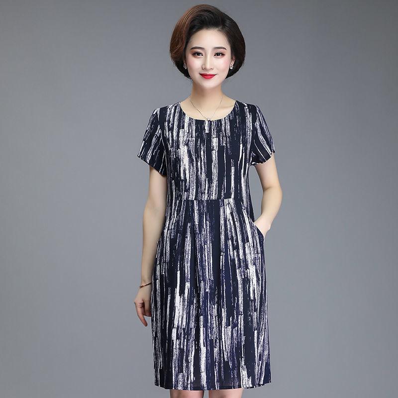 Women Summer XL-XXXXXL Plus Size Mid-length Printed Dress Short Sleeve A-line Knee-length Round Neck Pocket