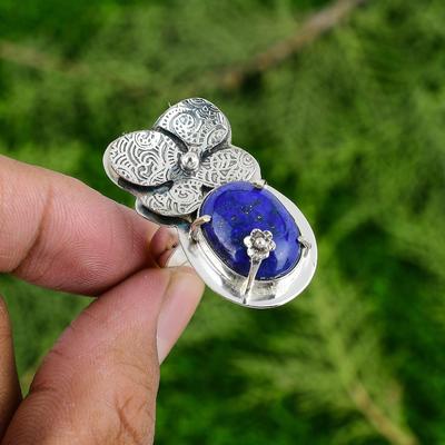 Bague Ajustable Fleur Empilable Lapis Lazuli Naturel Argent 925 Pour Femmes