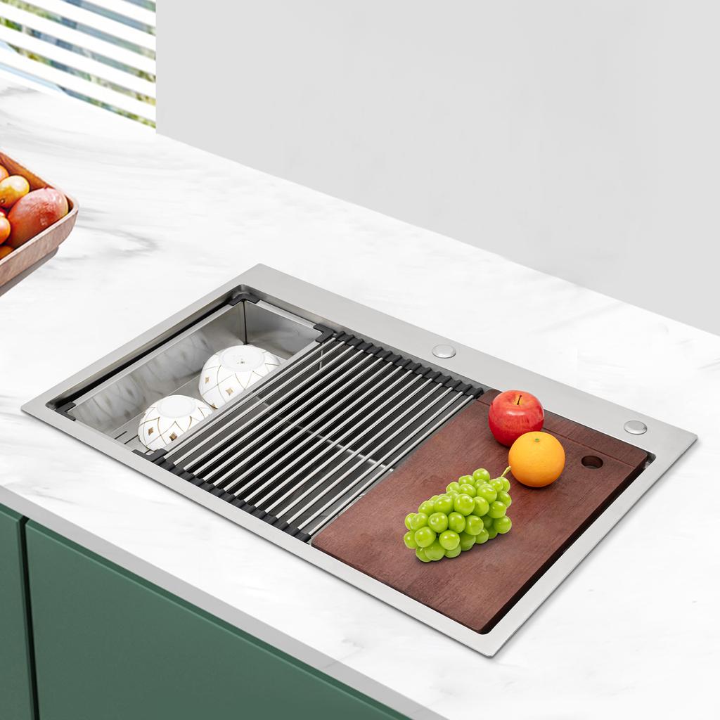 33In 304 Stainless Steel Kitchen Sink, Single Bowl Drop-In Sink with Accessories, Modern Design for Remodeling, Sink Workstation