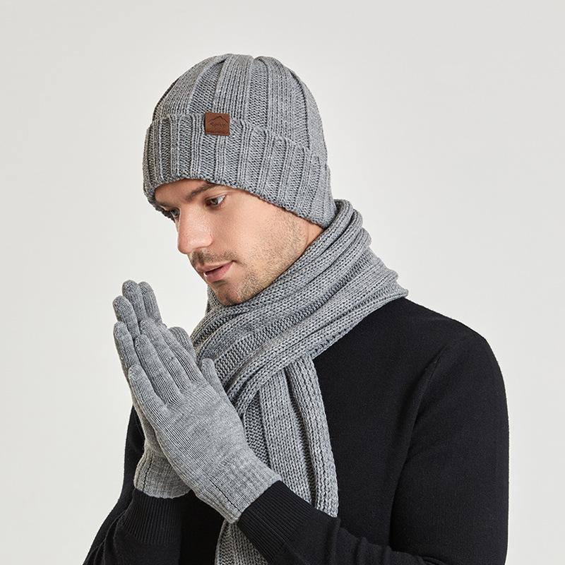 Chapeau d'hiver en laine tricotée pour hommes et femmes, même chapeau, ensemble trois pièces écharpe, gants, chapeau à couverture thermique en peluche
