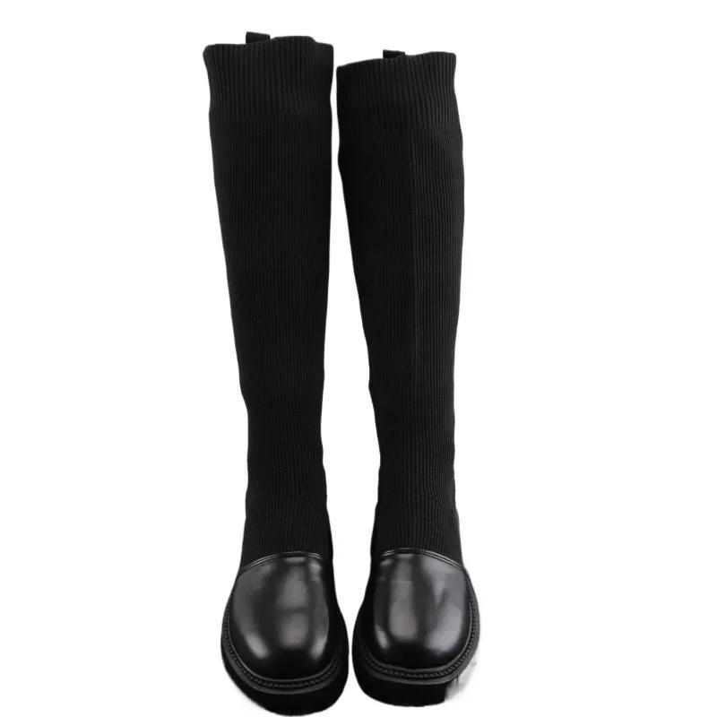 Winter Women Sock High Boots Knitting Mid Heels Fashion Shoes Woman Brand 2025 Trend Goth Fad Pumps Cozy Party Snow Botas Mujer