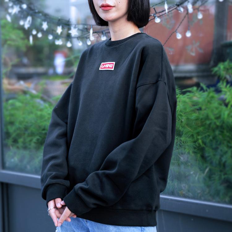 Li Ning Sports Fashion Series Embroidered Small Logo Fleece Loose Round Neck Pullover Sweatshirt Unisex Sweatshirt Black AWDP696-10
