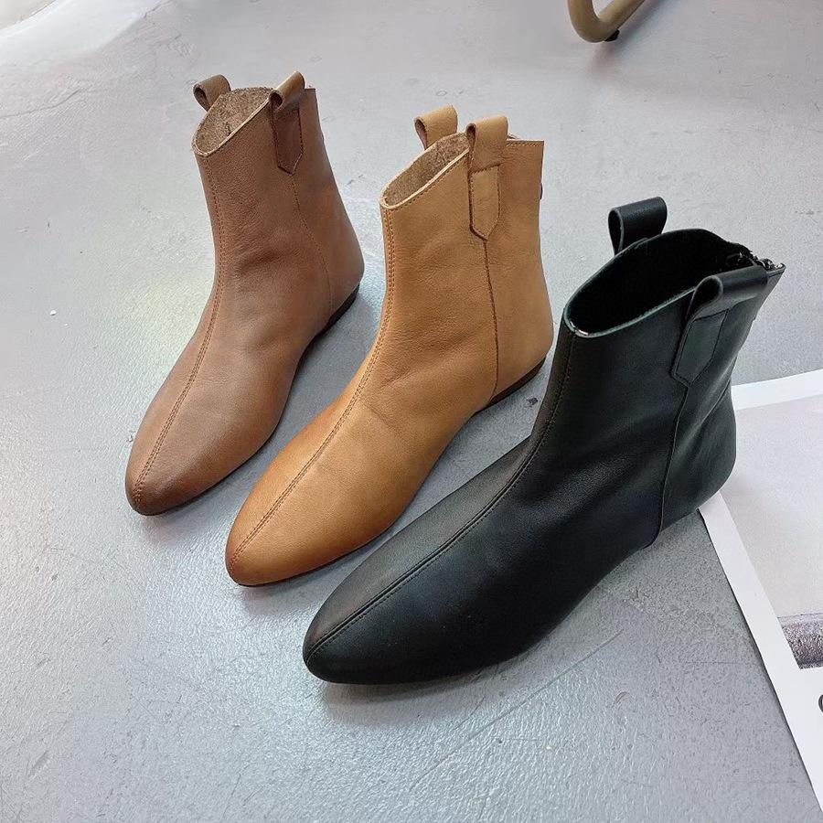Johnature Retro Women Short Boots Genuine Leather Solid Color Shoes Handmade Round Toe Back Zipper Ankle Boots