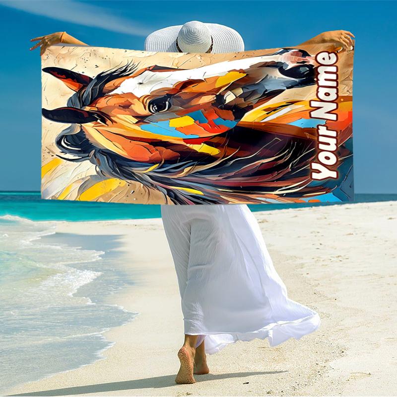1PC Custom Name Abstract Horse Portrait Beach Towel Highly Absorbent And Sand-Resistant Towel for Swimming, Pool, Yoga, And Travel Lightweight
