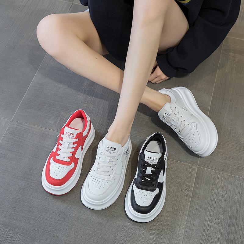Slope Heel Thick Sole Heightening Little White Shoes Autumn New Round Head Lace-up Casual Board Shoes Versatile and Comfortable