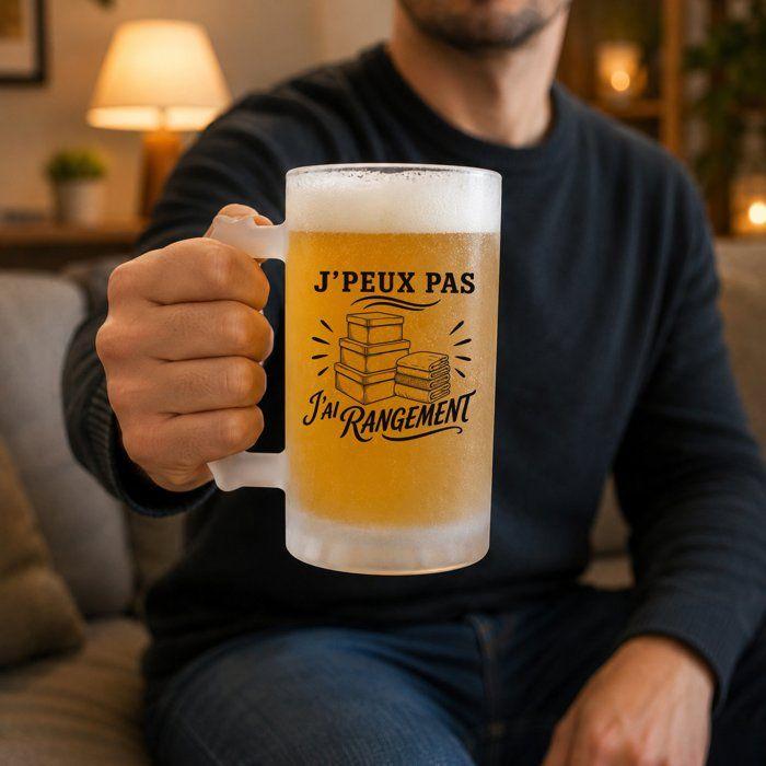 Chope / Verre à bière - PLANETEE - J’peux pas j’ai Rangement - Givré - Verre trempé 470 ml - Imprimée en Bretagne