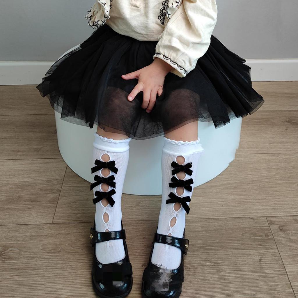 Children's Socks Summer Lolita Wooden Ear Mesh Ribbon Large Bow Mid-tube Socks for Girls