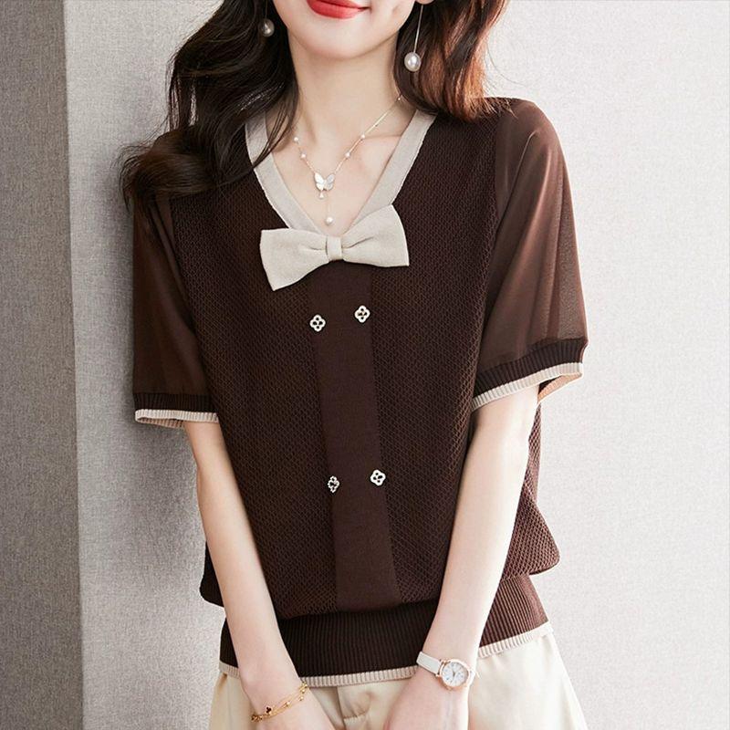 

Женская футболка с коротким рукавом из ледяного шелка, летняя свободная утягивающая тонкая трикотажная футболка с бантом 3XL