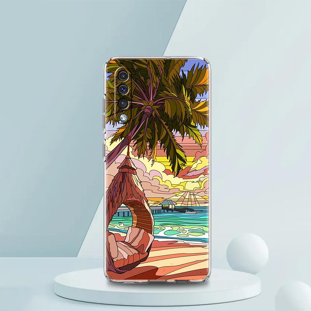 Transparent Phone Case for Samsung Galaxy A16 A14 A12 A22 A24 A42 A02 A06 A20 A30 A40 Soft TPU Cover Sunset Coconut Tree Pattern