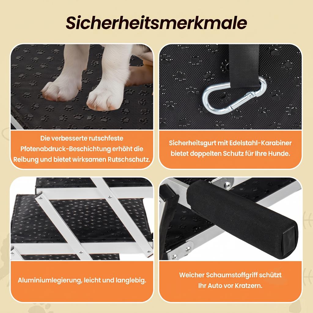 Foldable Aluminum Dog Ramp with 5 Steps, Non-slip Surface and Soft Foam Handle, Sturdy Ramp for Car, High Bed and Truck, Load Capacity up to 110 kg