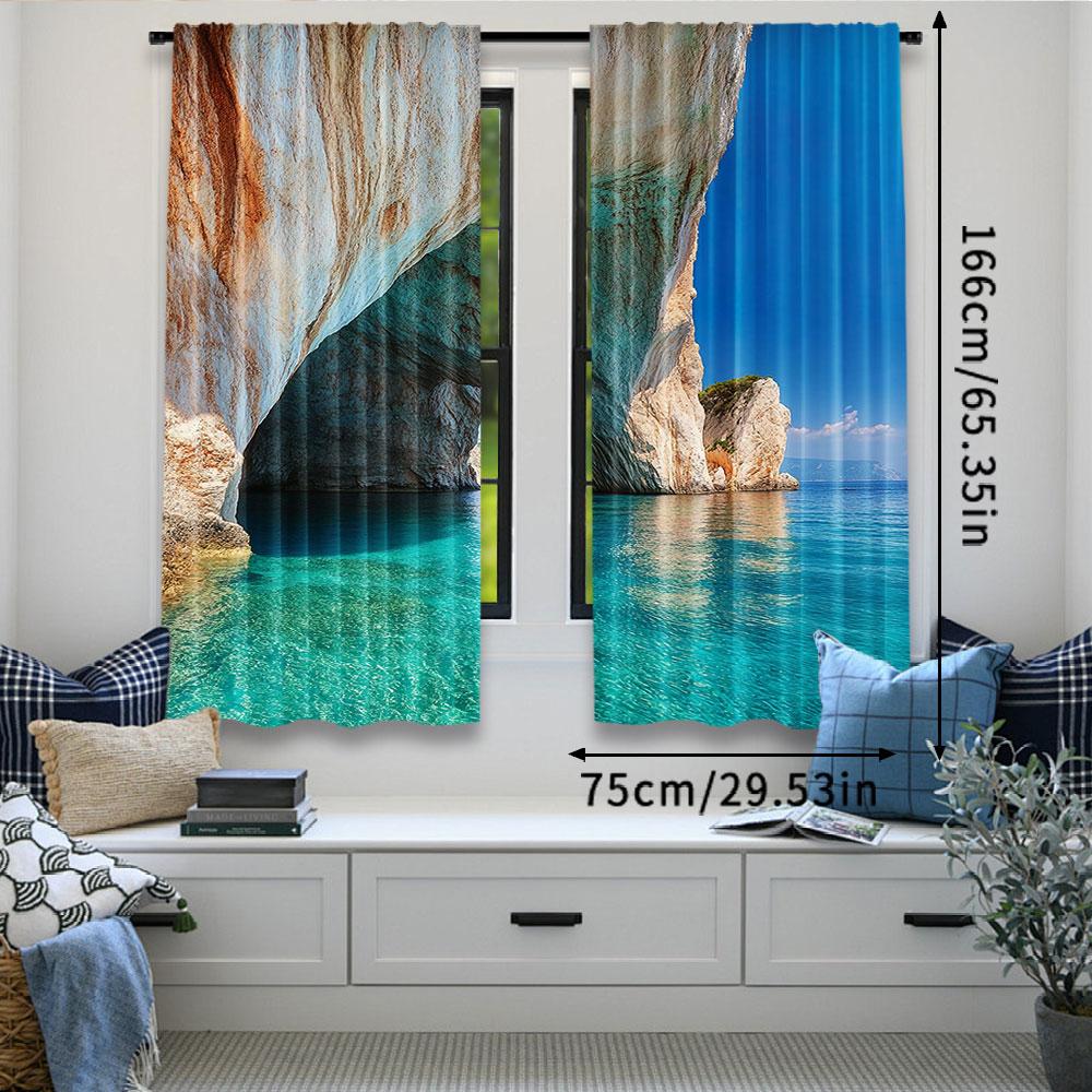 2Pcs Greece Curtains Sea Cave On Zakynthos Island Greece Vacation Relaxing Seascape Coastline For Bedroom Living Room And Dining