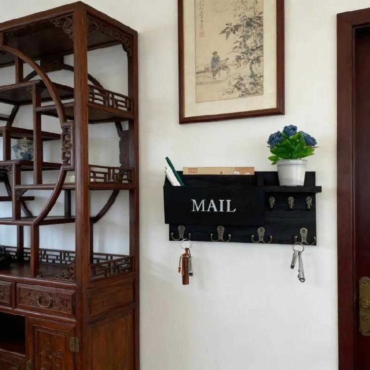Handcrafted Wooden Wall Hanging Mail Key Shelf With Storage Pockets And Hooks Wall Mounted Letter Holder