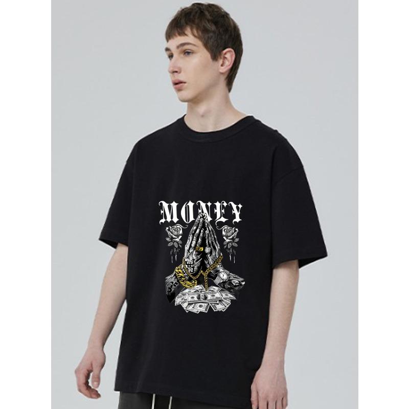 Black T-Shirt Money Praying Hands with Gold Chain and Dollar Bills Graphic for Streetwear Fashion