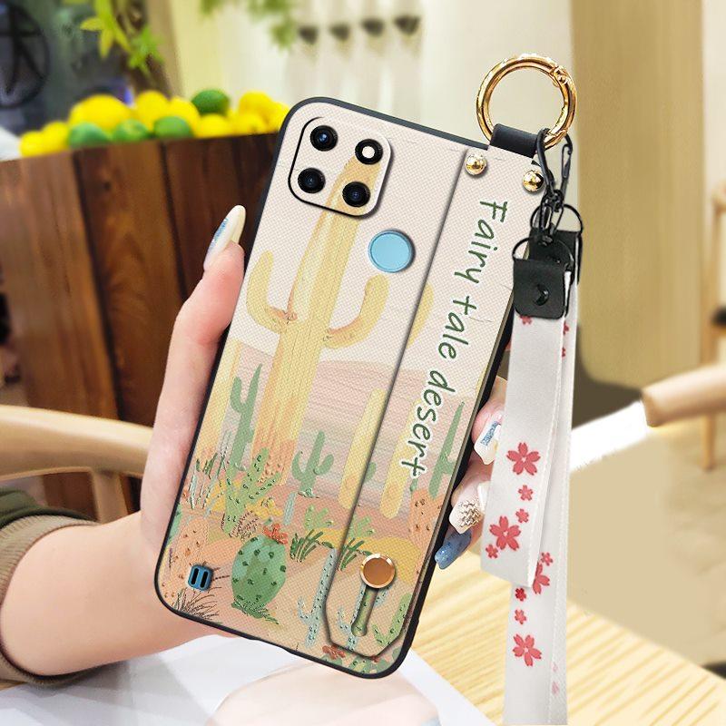 Dirt-resistant Fashion Design Phone Case For OPPO Realme C21Y/C25Y Waterproof Phone Holder Wrist Strap Kickstand Lanyard