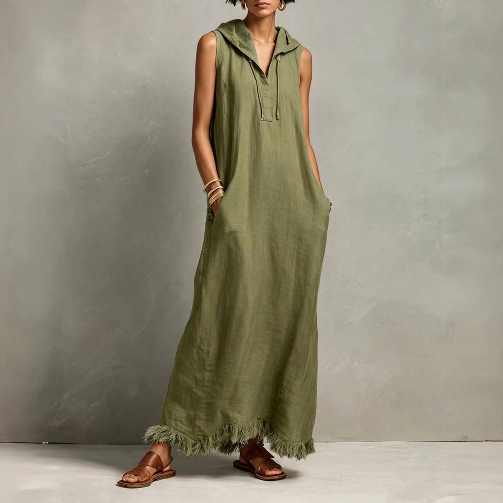 Sleeveless Hooded Maxi Dress with Fringe Hem Casual Long Dress Lightweight Loose Fit Summer Dress for Women