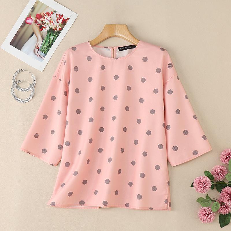 ZANZEA Women Casual Round Neck 3/4 Sleeve Loose Polka Dot Print Blouse