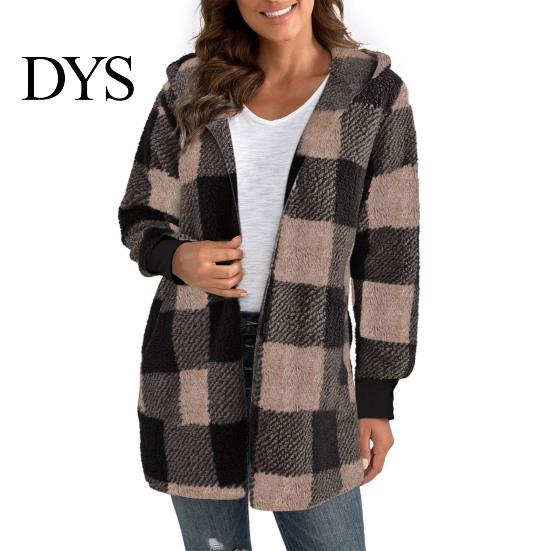 Cardigan Sweater Winter Coat Plaid Print Hooded Thick Windproof Open Stitch Knit Outerwear Mid Length Fuzzy Plush Jacket for School Travel Fall