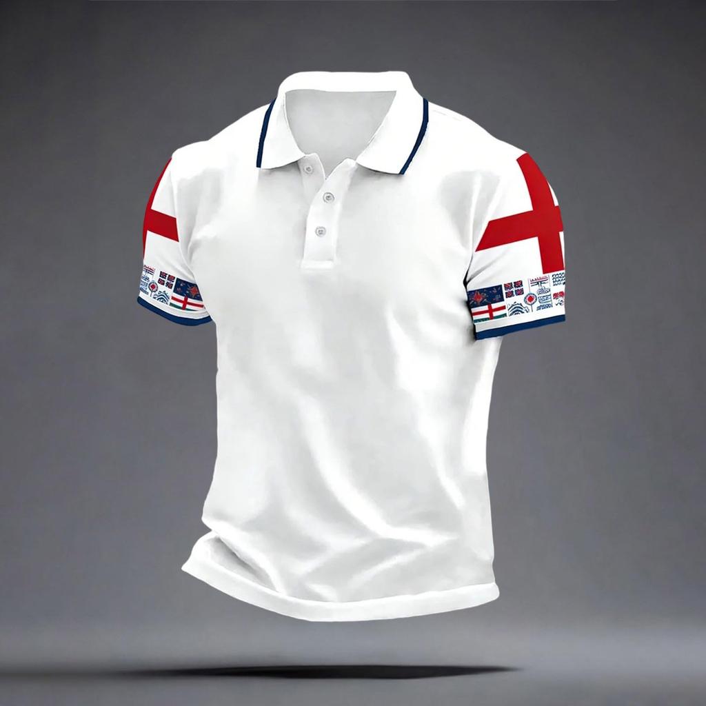Men's Classic Polo Shirt Football Jersey England Style Short Sleeve Button Collar Lightweight Breathable Fabric Sportswear