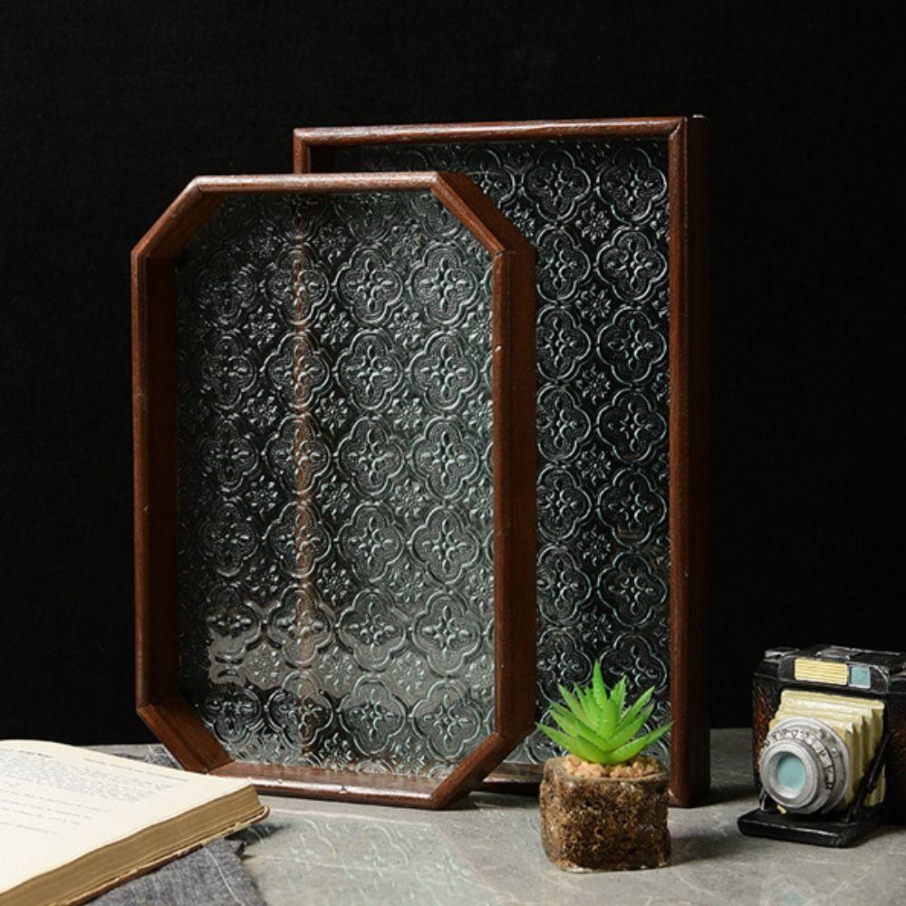 Simple Begonia Embossed Glass Tray Wooden Storage Display Plates Multi-Function Tea Tray  Desk