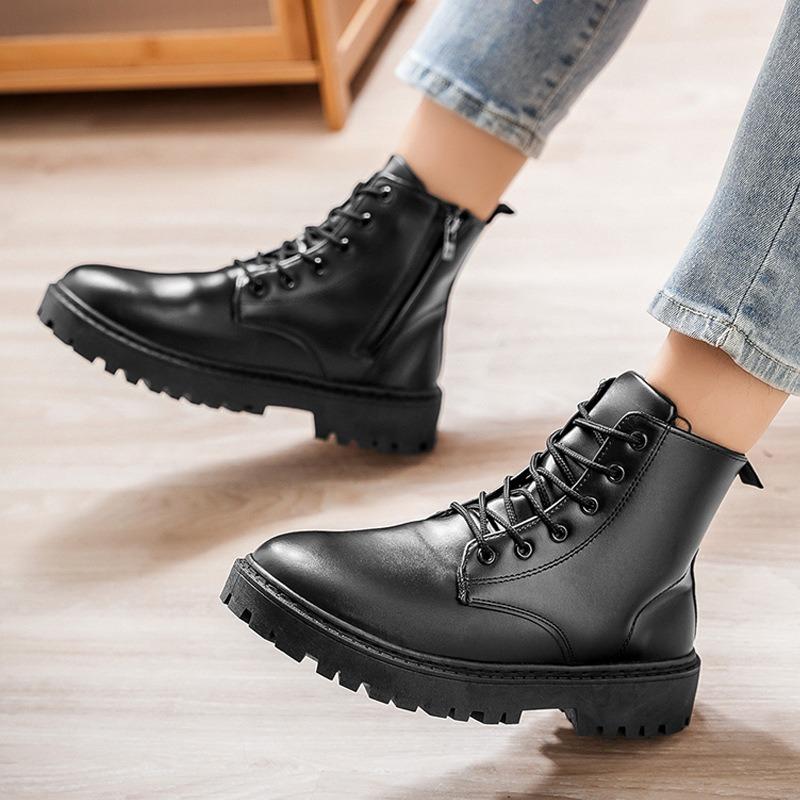 Side Zipper High Top Leather Boots Men's Black Leather Shoes Tooling Chelsea Boots