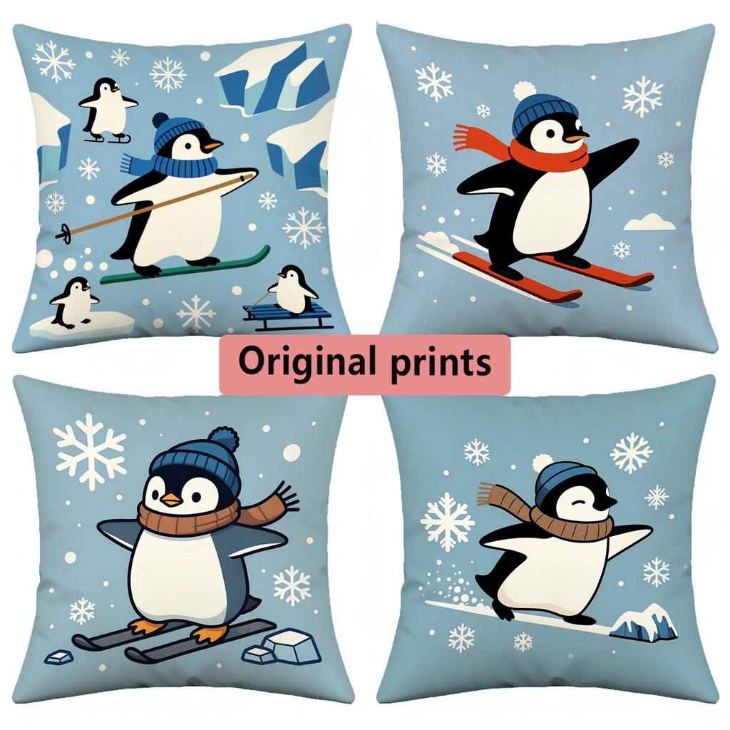 Winter Cute Penguin Skiing Throw Pillow Covers Pattern Cushion Cover Suitable For Sofa Bedroom Car Pillow Cover