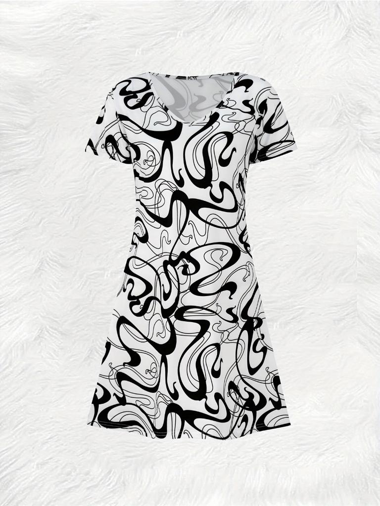 Damen Kurzarm V-Ausschnitt Kleid Lässig Abstrakt Wirbel Print Schwarz Weiß A-Linie Sommerkleid Mode Ärmelloses Kleid