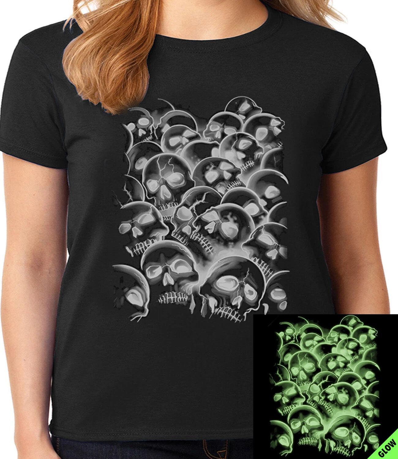 Halloween T-shirt Women Ladies Tee Glow In The Dark Skull T-shirt Mom Gifts L