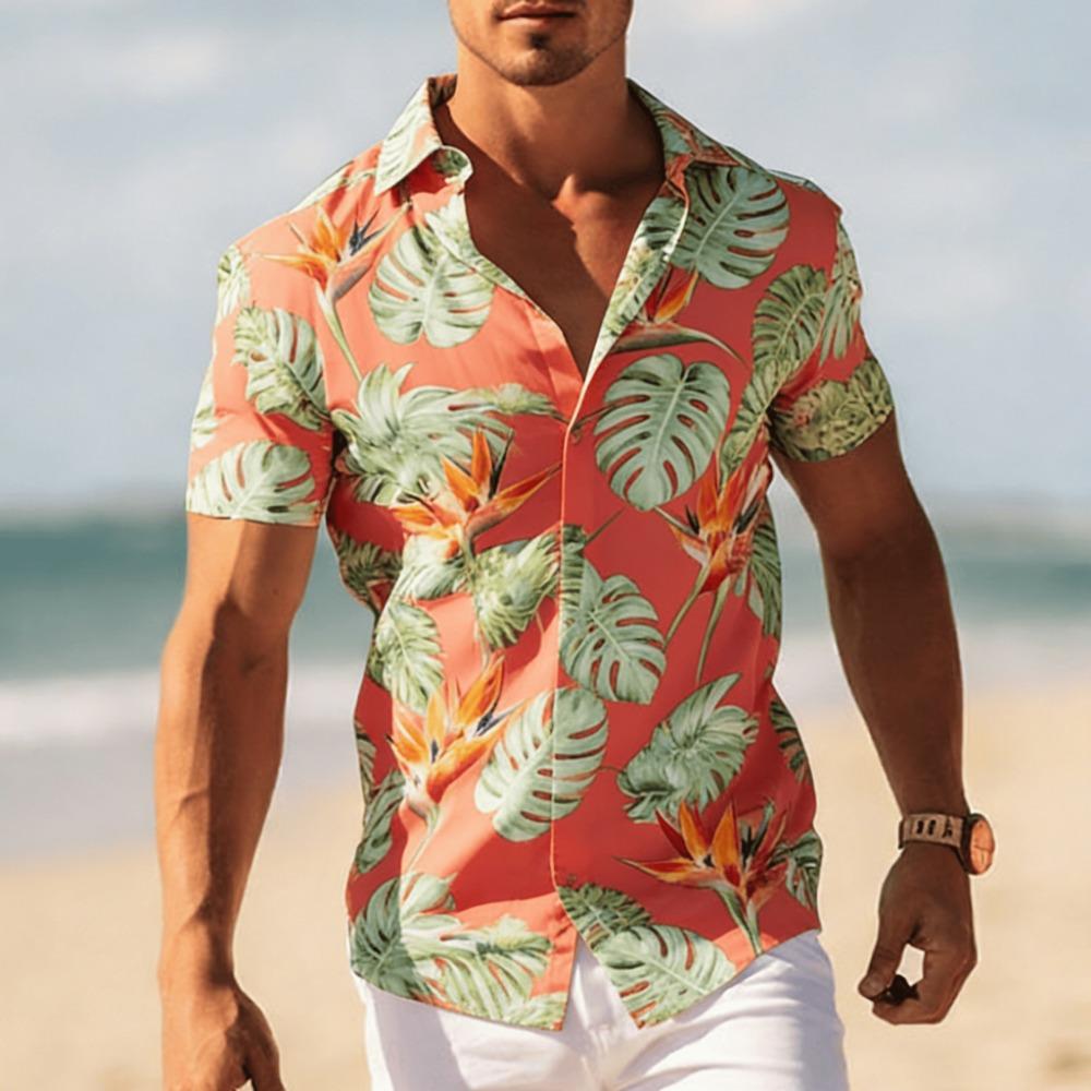 Men's Tropical Floral Print Short Sleeve Shirt, Spring Summer Cool Vacation