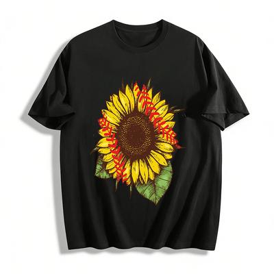 Baseball Stitch Sunflower Print Casual Short Sleeve T-Shirt Pure Cotton T-shirt