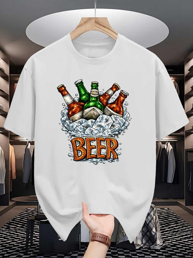 Unisex Red Tee Ice Cold Beer Bottles Retro Letter Food Graphic Print Crew Neck Short Sleeve Summer Casual Male Cotton Street Top