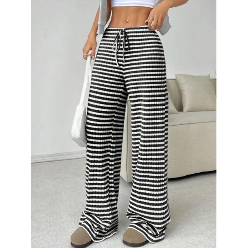 Striped Printed Long Pants Women's Casual Lace Up Pants High Street Fashion Elegant Autumn Straight Leg Pants
