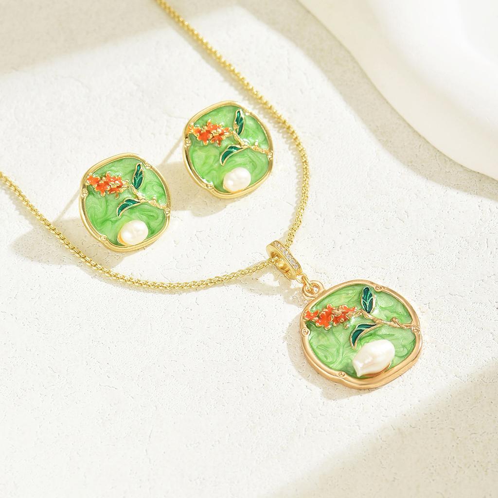 Conjunto Idílico de Colar e Brincos de Flores Feminino Personalidade Gotejamento de Óleo Design de Pérola Versátil Corrente para Clavícula