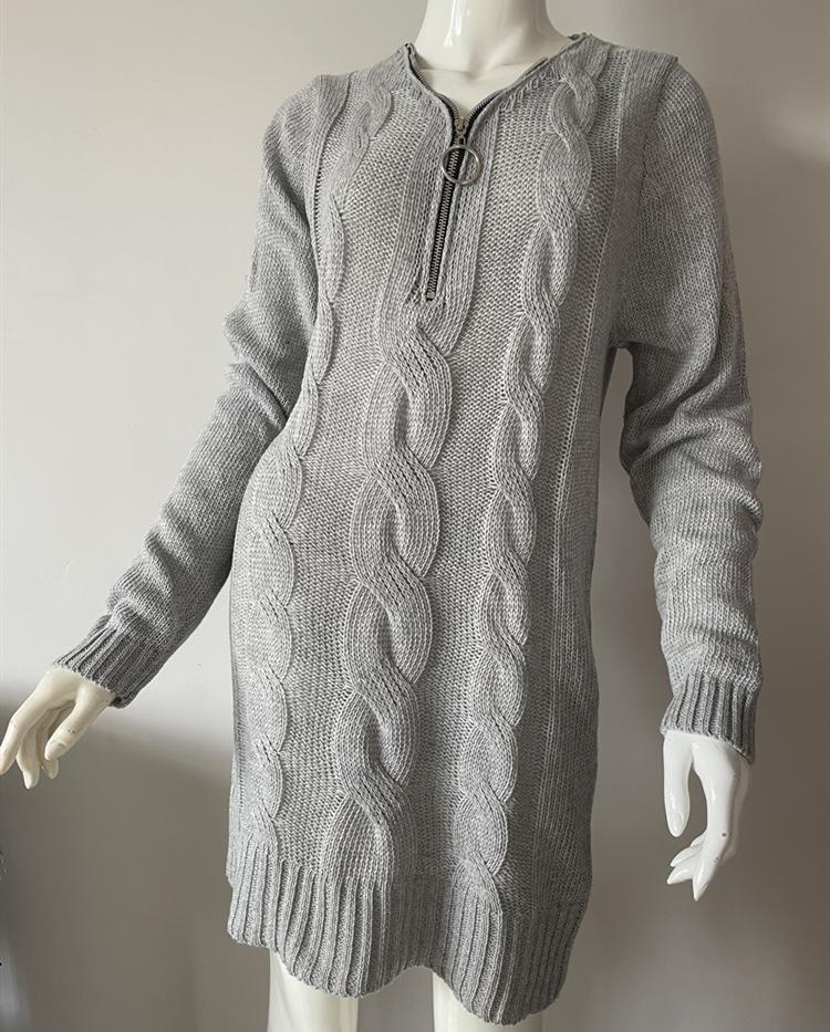Women's V-Neck Zipper Knit Sweater Cardigan Mid-Length Dress Outerwear