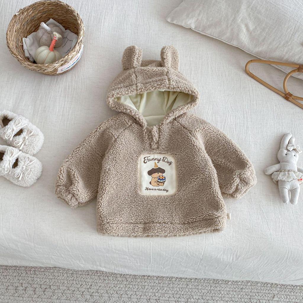 Children's 2025 Winter Hooded Fur Sweater: Cute Girls' Korean Style Thick Pullover with Patch Applique.